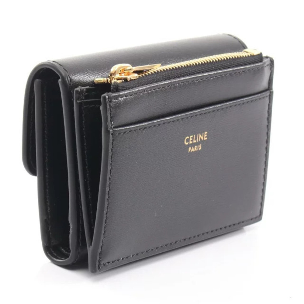 Celine Leather Compact fold Black Tri Triomphe Wallet Black